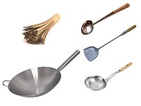 Сковорода вок (Wok) из нержавейки круглое дно 34 см + аксессуары с ручками из дерева