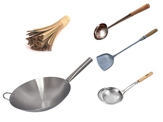 Сковорода вок (Wok) из нержавейки круглое дно 34 см + аксессуары с ручками из дерева