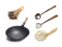 Сковорода вок (Wok) подготовленная круглое дно 38 см + аксессуары с ручками из дерева