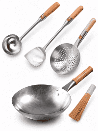 Вок кованый Light 36 см + аксессуары с ручками из дерева