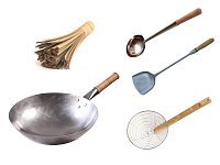 Сковорода вок (Wok) кованый круглое дно 38 см + аксессуары с ручками из дерева