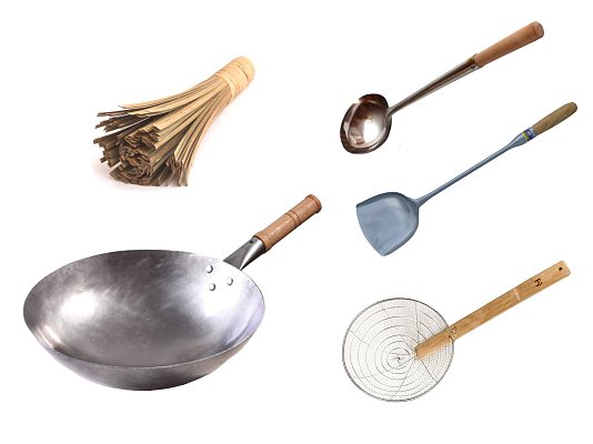 Сковорода вок (Wok) кованый круглое дно 38 см + аксессуары с ручками из дерева