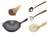 Сковорода вок (Wok) с бакелитовой ручкой круглое дно 36 см + аксессуары с ручками из дерева