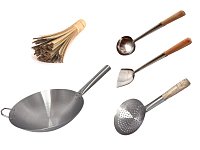 Сковорода вок (Wok) из нержавейки круглое дно 36 см + аксессуары с ручками из дерева