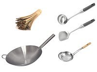 Сковорода вок (Wok) из нержавейки круглое дно 34 см + аксессуары с ручками из бакелита