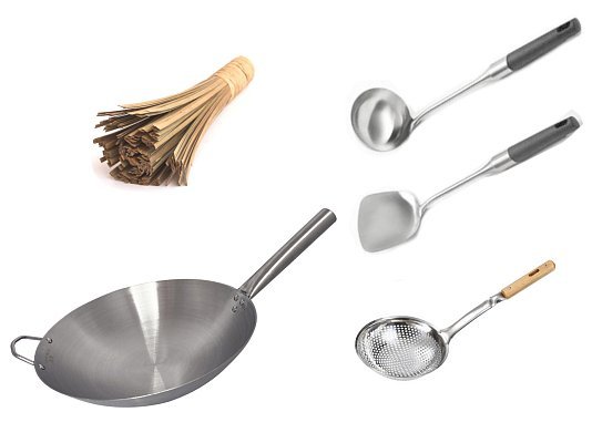 Сковорода вок (Wok) из нержавейки круглое дно 34 см + аксессуары с ручками из бакелита