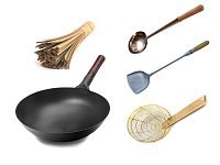 Сковорода вок (Wok) подготовленная круглое дно 38 см + аксессуары с ручками из дерева