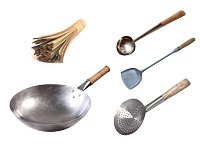 Сковорода вок (Wok) кованая круглое дно 36 см + аксессуары с ручками из дерева